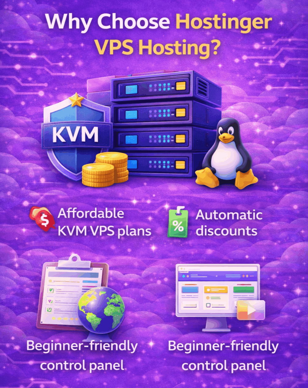 Benefits of Hostinger VPS hosting including KVM and global servers
