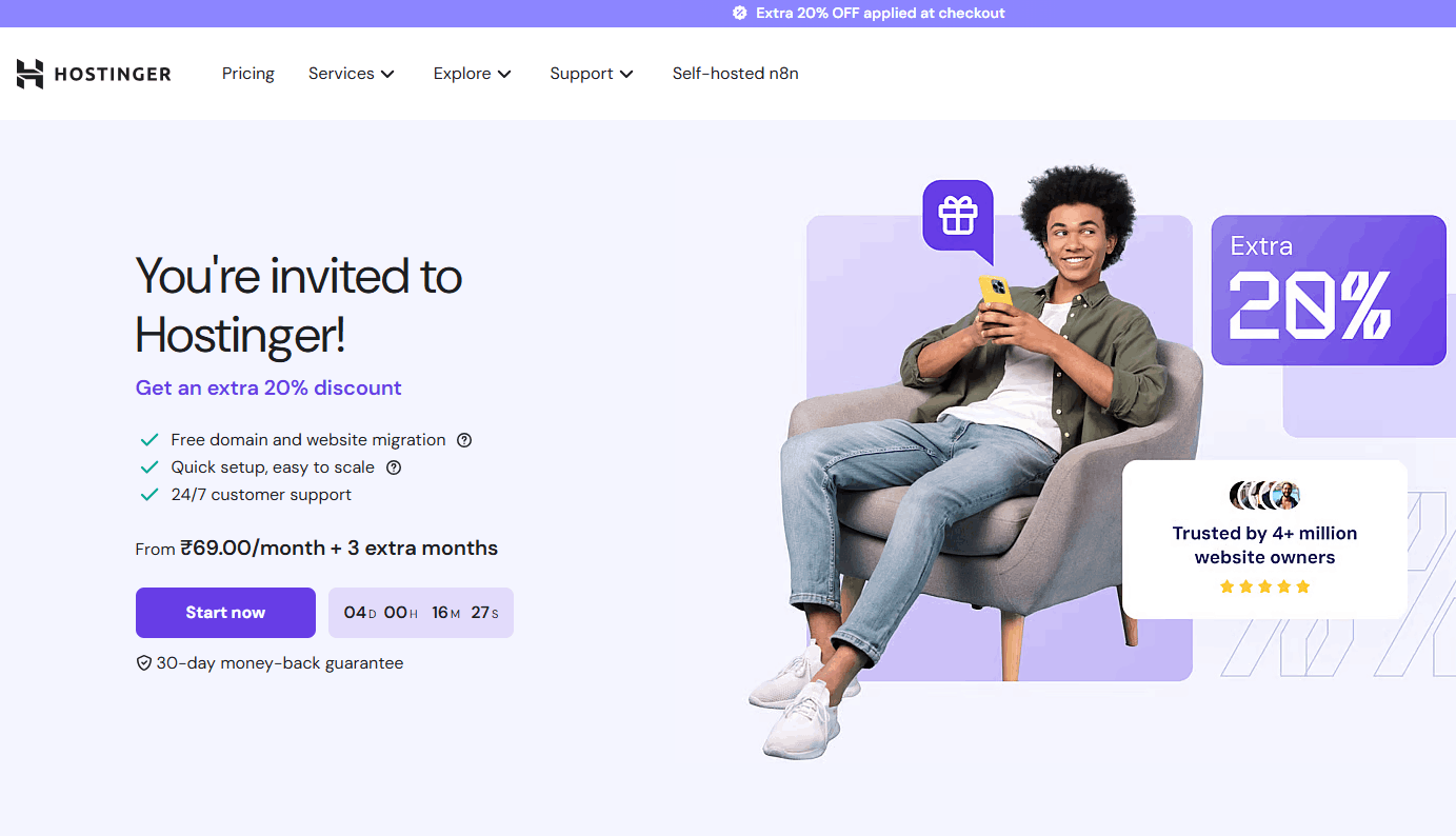 Hostinger hosting plans with automatic discounts applied at checkout
